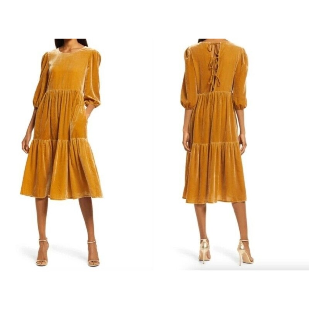 NEW Charles Henry Tie Back Tiered Women's midi gold-toned velvet rayon Dress M